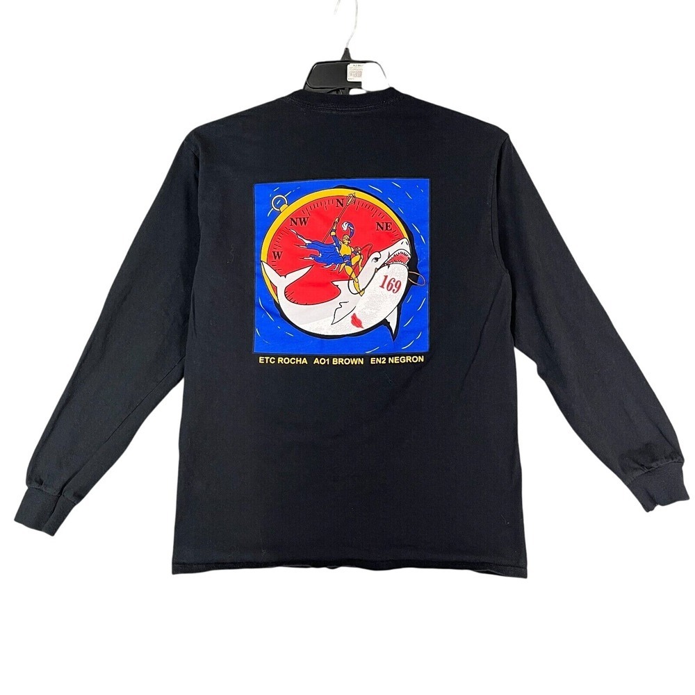 US Navy Shirt Mens S Long Sleeve Graphic Compass Shark Military Vintage Rare Y2K